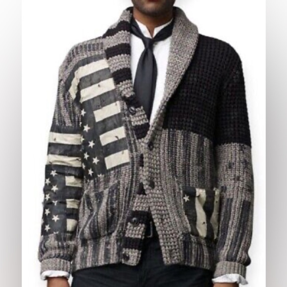 Unisex Denim and Supply Black and Gray American Flag Patchwork Sweater